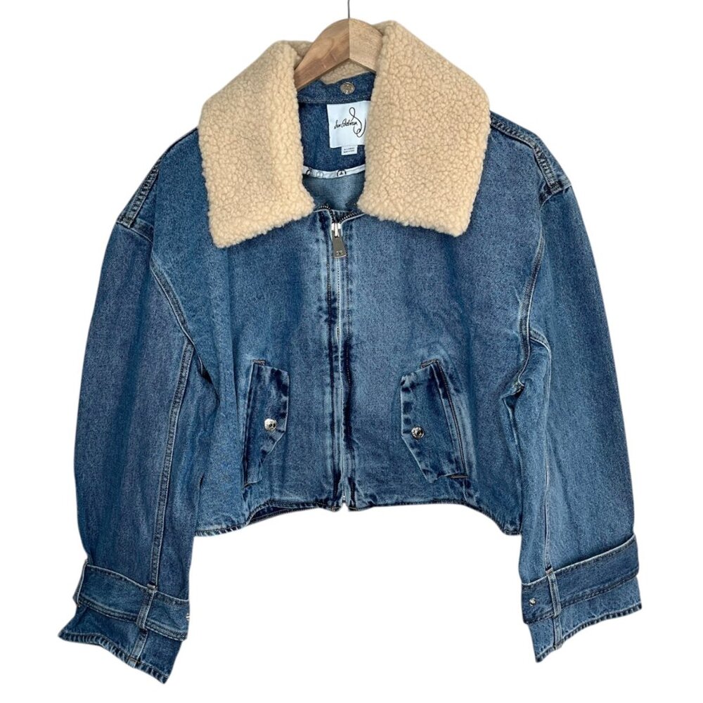 Sam Edelman Mesa High-Pile Fleece Collar Zip-Up Crop Denim Moto Jacket XL